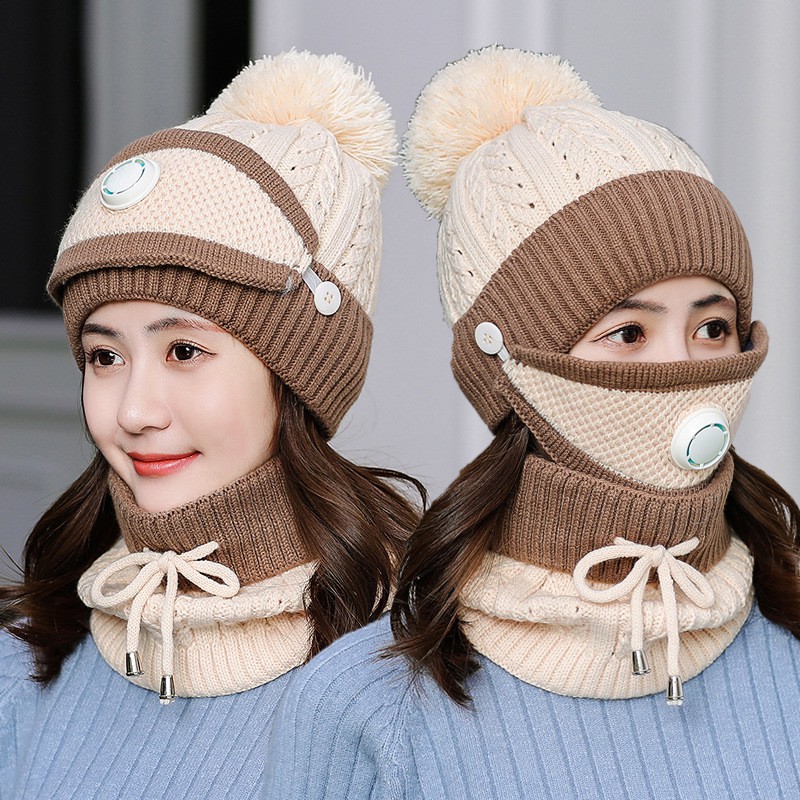 Mũ len nữ hàn quốc kèm khăn quàng cổ Yuda nón len nữ trùm đầu mùa đông giữ ấm