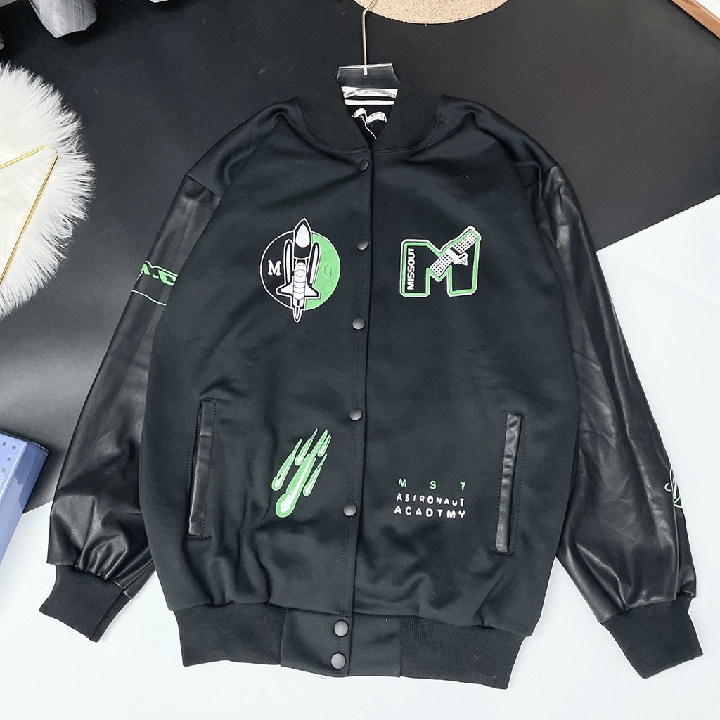 Áo khoác bomber Miss Out Varsity Jacket vải nỉ phối tay da, áo bomber bóng chày nam nữ unisex form rộng