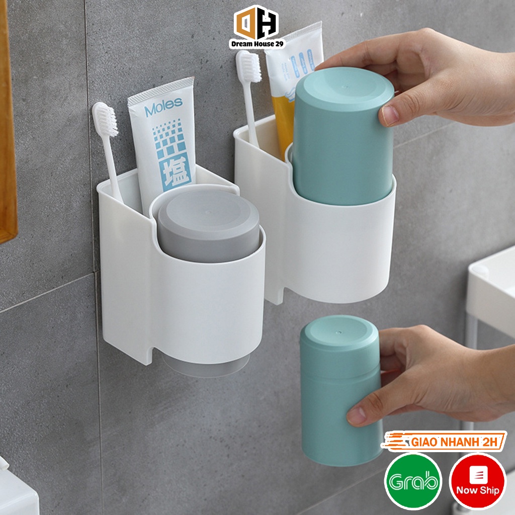 Kệ để đồ nhà tắm, cốc đánh răng đôi dán tường, sản phẩm gồm 2 cốc cùng kệ để bàn chải và kem đánh răng tiện lợi