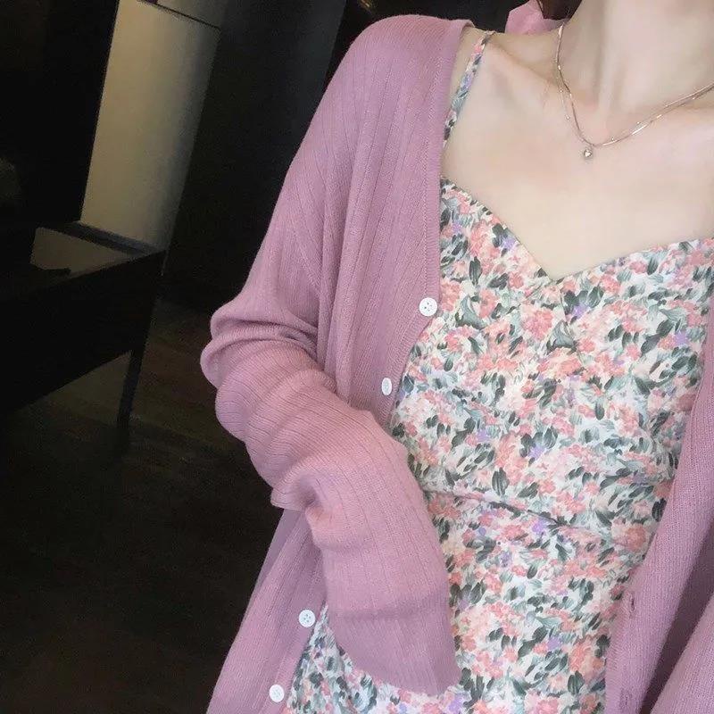 Đầm hoa Set Đầm Hoa 2 Dây + Áo Khoác Cardigan Dài Tay Thời Trang Cho Nữ