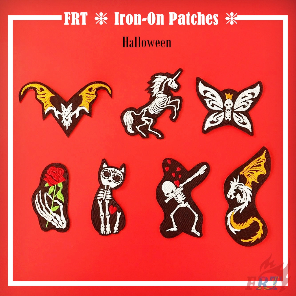 ☸ Sticker Ủi Thêu Hình Đầu Lâu / Dơi / Mèo / Ngựa / Bướm / Rồng ☸ 1 Miếng Dán Ủi Quần Áo Hình Đầu Lâu Halloween