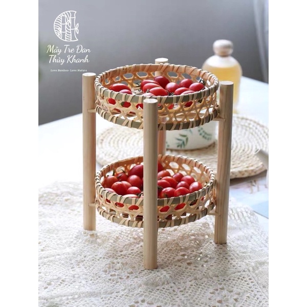Kệ gỗ 2 tầng, mẹt tầng đựng hoa quả ,bánh kẹo decor mây tre đan Mây Tre Đan Thuỷ Khanh