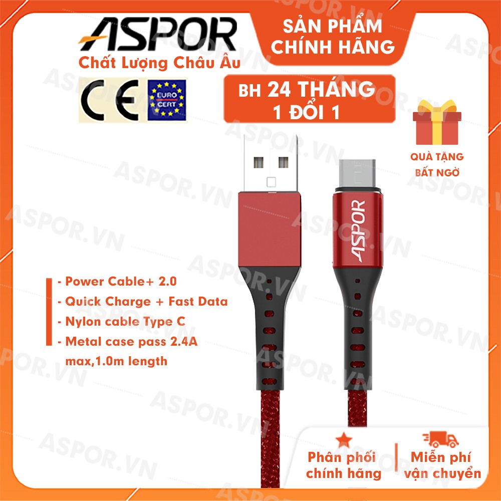Cáp sạc ASPOR Type C 2.4A sạc nhanh dài 1m - A168