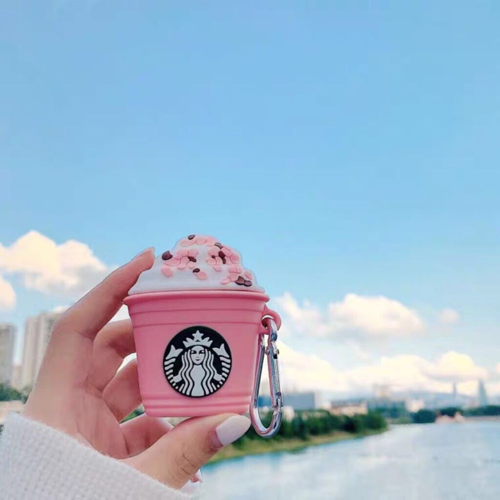 Vỏ bảo vệ hộp sạc tai nghe Airpods 1 2 hình ly kem starbucks màu hồng kèm móc treo độc đáo