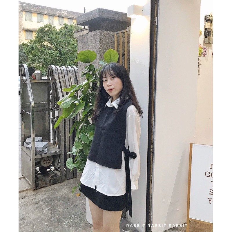 [Mã WASKT304 giảm 15% tối đa 30K đơn 99K]Set Áo sơ mi trắng dài tay kèm gile xinh xắn buộc nơ eo phong cách ulzzang_SY02 | BigBuy360 - bigbuy360.vn