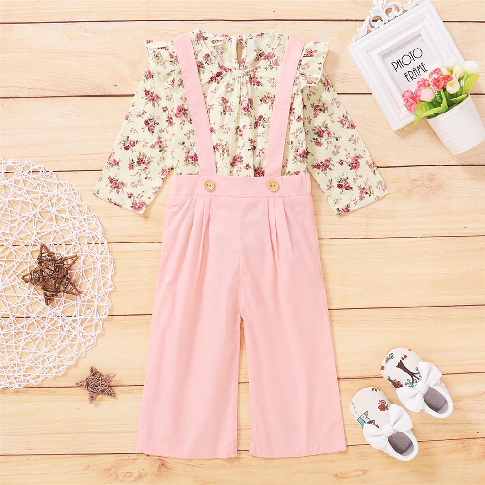 Bộ đồ MIKRDOO gồm áo thun tay dài và quần yếm in hoa cho bé gái 1-5 tuổi