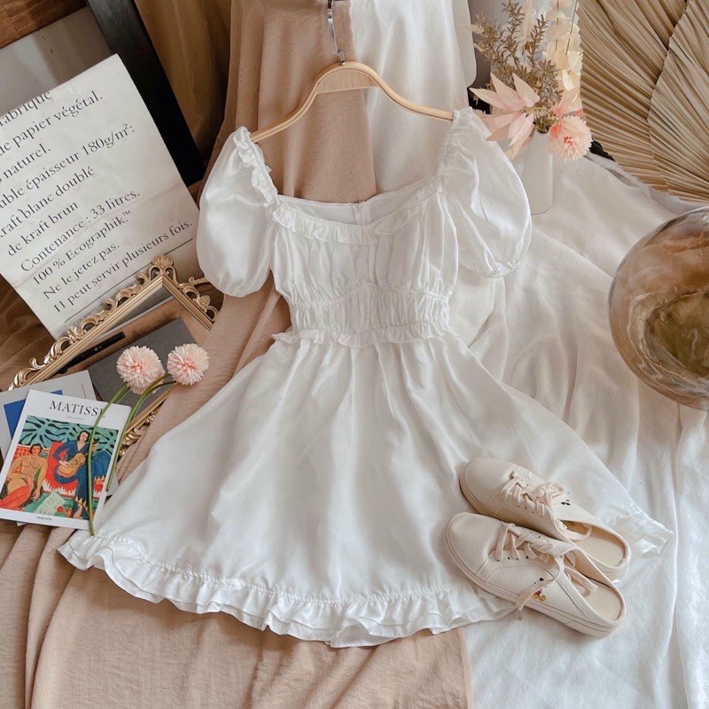 ĐẦM TRẮNG CỔ TYM VIỀN TAY BỒNG BO EO VIỀN BÈO | BigBuy360 - bigbuy360.vn