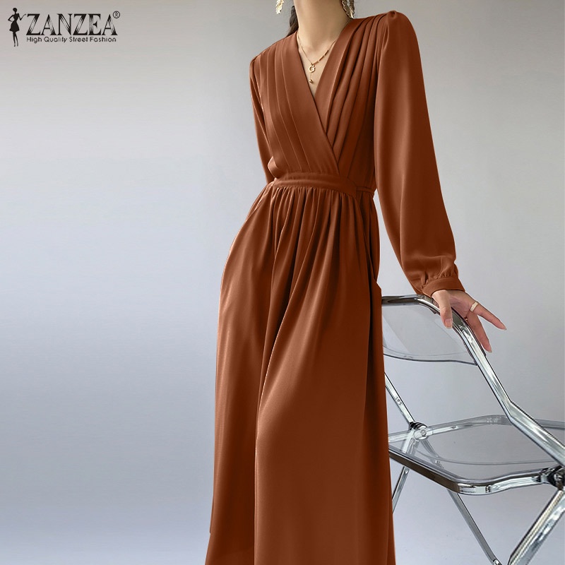 Đầm nữ Zanzea dài tay cổ chữ v thời trang Hàn