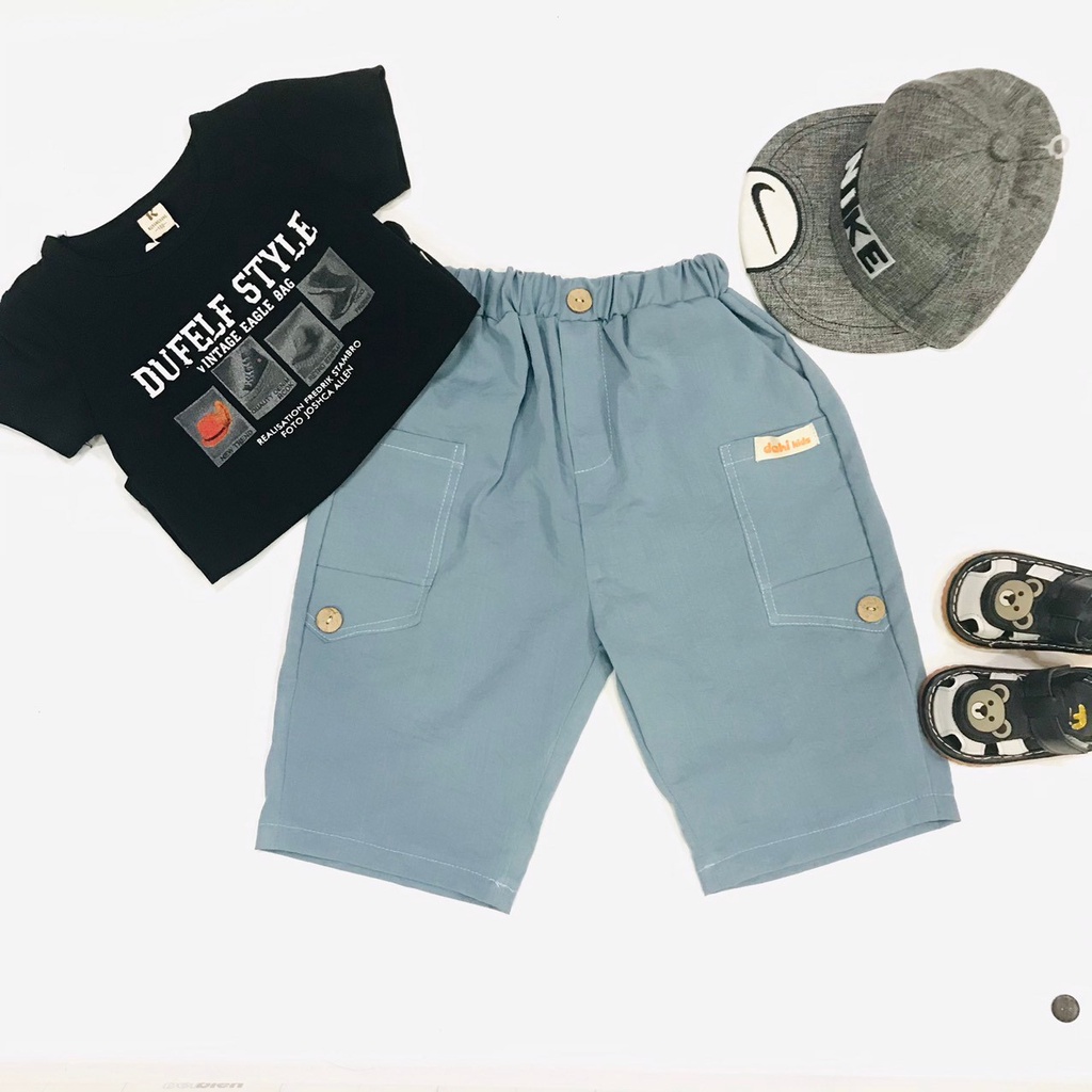 Quần Ngố Phối 3 Cúc Bé Trai Chất Đũi Xước Năng Động Mát Nhẹ Size 10-35kg