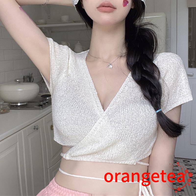 Áo Dệt Kim Tay Ngắn Cổ Chữ V Màu Sắc Trơn Dành Cho Nữ