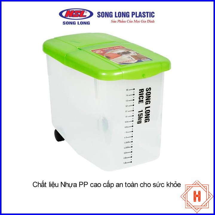 Song Long Plastic Thùng đựng gạo có nắp 10kg, 15kg nhựa cao cấp có bánh xe { H }