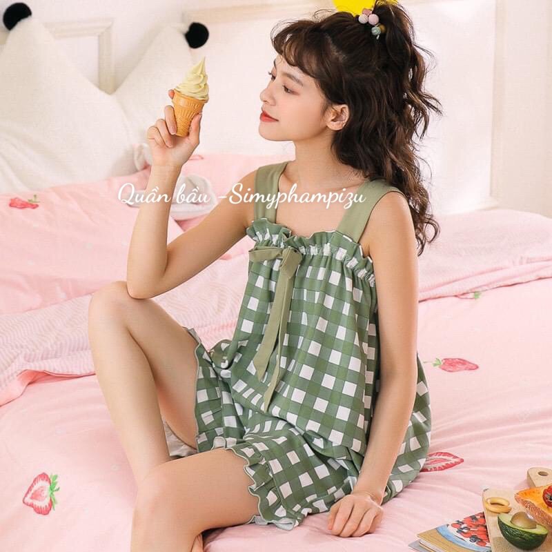 Bộ ngủ bầu 2 dây đẹp mặc nhà kẻ kèm nơ trước ngực BĐ 833