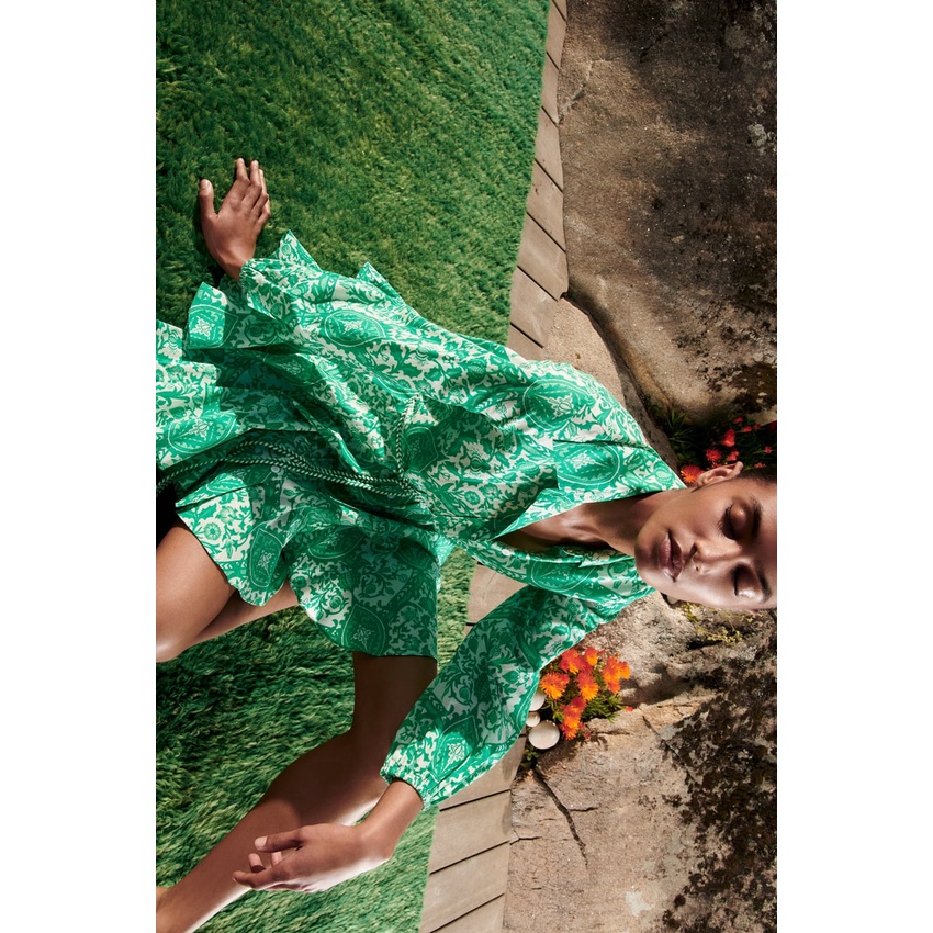 Zara Morocco full tag - Đầm Zara xòe hoa xanh xinh xắn DH01XTG50N10