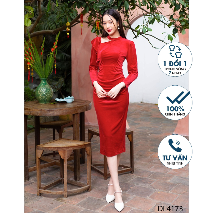 Đầm nhung, cổ hở, tay bồng, rúm eo Emspo DL4173