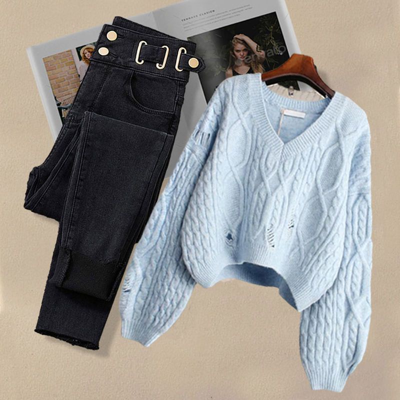 Plus Bộ Áo Sweater Dệt Kim Dáng Rộng Phối Quần Jean Ngắn Thời Trang Thu Đông 2022 Cho Nữ