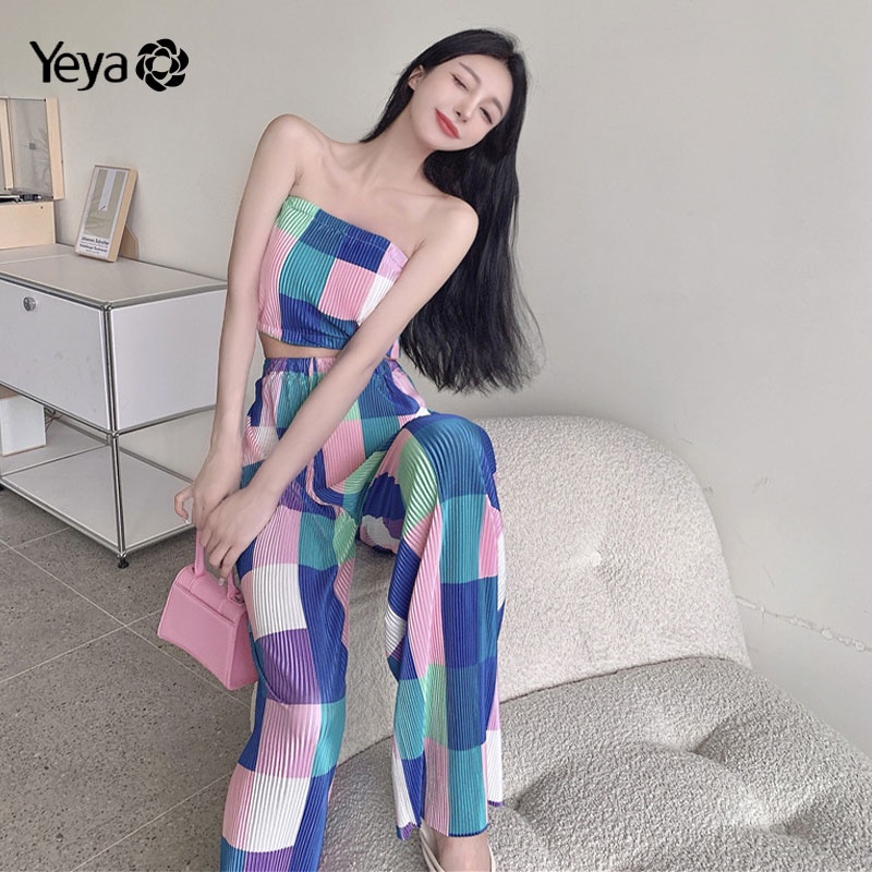 Set quần áo YEYA gồm áo ống + quần dài ống rộng lưng cao thời trang quyến rũ cho nữ