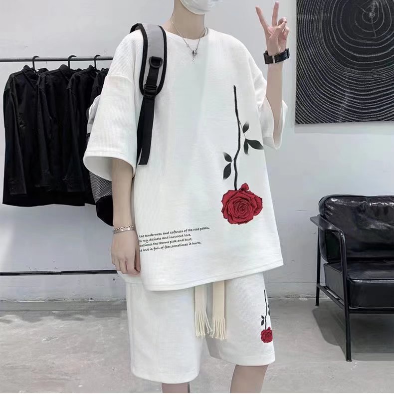 [M-3XL] Bộ Áo Thun + Quần Lửng In Hoa Hồng Phong Cách Mùa Hè Giản Dị Dễ Phối Đồ Cho Nam