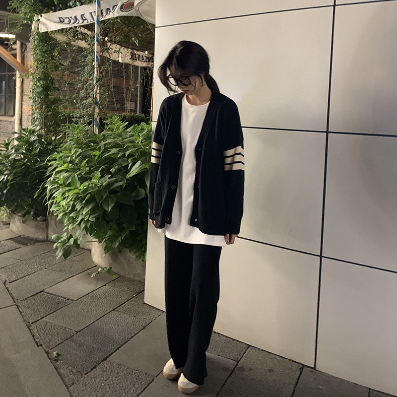 Porozi  Áo Khoác Cardigan Dệt Kim Cổ Chữ V Họa Tiết Kẻ Sọc Phong Cách Hàn Quốc Cho Nữ