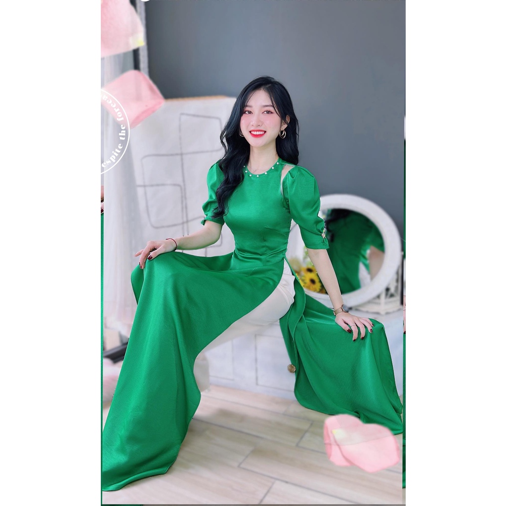 Áo dài cách tân nữ pha lưới tay bồng cổ đính ngọc sang trọng CHUU AD8033 không kèm quần