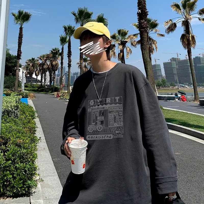 Áo Thun Dài Tay Cổ Tròn In Họa Tiết Đơn Giản Theo Phong Cách Hàn Quốc