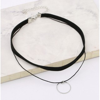 Vòng cổ choker dây chuyền nữ vải màu đen 2 tầng mặt hình học phong cách hàn quốc cá tính