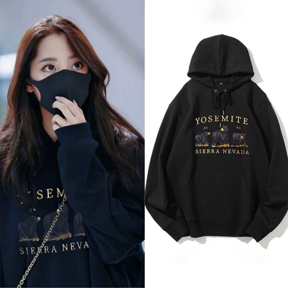 Ouyangnana Áo Hoodie Tay Dài Dáng Rộng Bằng Vải cotton Lông Cừu Ba Chú Gấu Màu Đen Dễ Phối Đồ Dành Cho Nữ jo Ouyang Nana