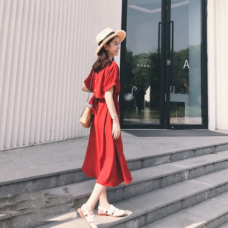 Váy đỏ cộc tay dáng dài buộc nơ eo Vintage (ORDER- sẵn L, XL)- Có ảnh thật | BigBuy360 - bigbuy360.vn