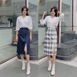 Set áo tay bồng dài phối chân váy midi