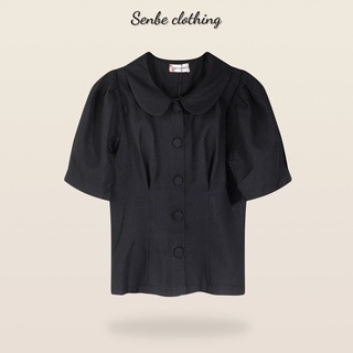 Áo cổ sen phối nút - Đen