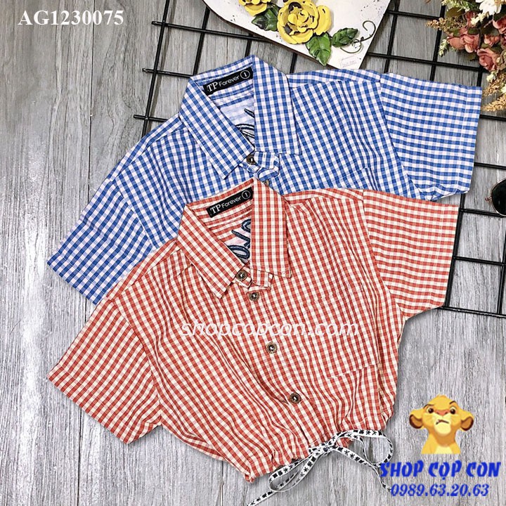 Áo sơ mi caro dáng croptop cột lai cho bé gái 32-40kg