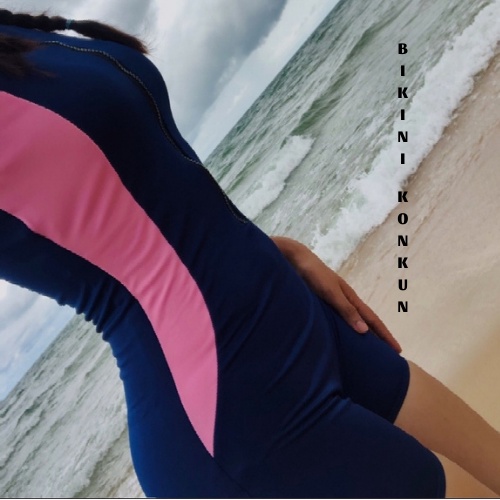 Bikini đồ bơi liền thân khóa kéo tay ngắn xanh đen phối hồng cao cấp KONKUN MS95