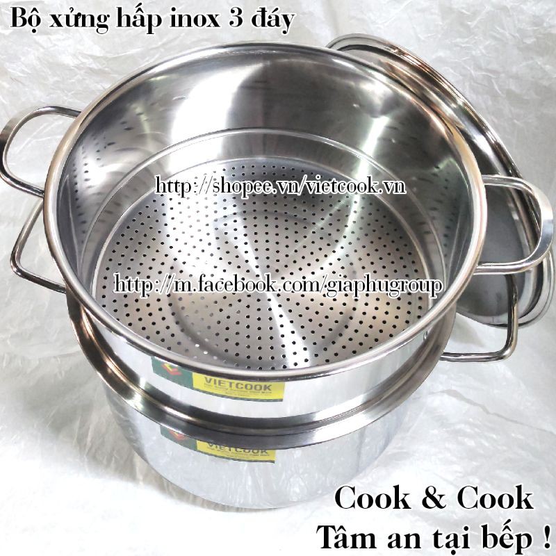 [CHÍNH HÃNG] Bộ xửng hấp inox size 28 Vietcook (nồi 10 lít) đáy từ, Chõ hấp, đồ xôi inox 4 đến 5 kg gạo