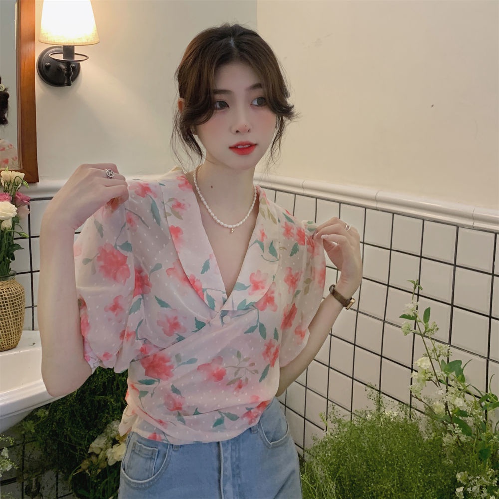 Áo Hoa Tay Ngắn Thắt Nút Chéo Phong Cách Hàn Quốc Trẻ Trung