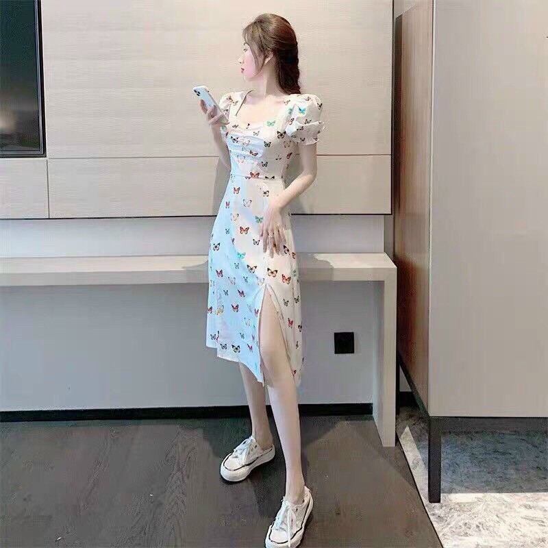 Váy cổ vuông dáng xòe họa tiết bướm , đầm nữ xẻ tà tay phồng nằm trong bộ sưu tập đầm ulzzang hot nhất 2021 | BigBuy360 - bigbuy360.vn