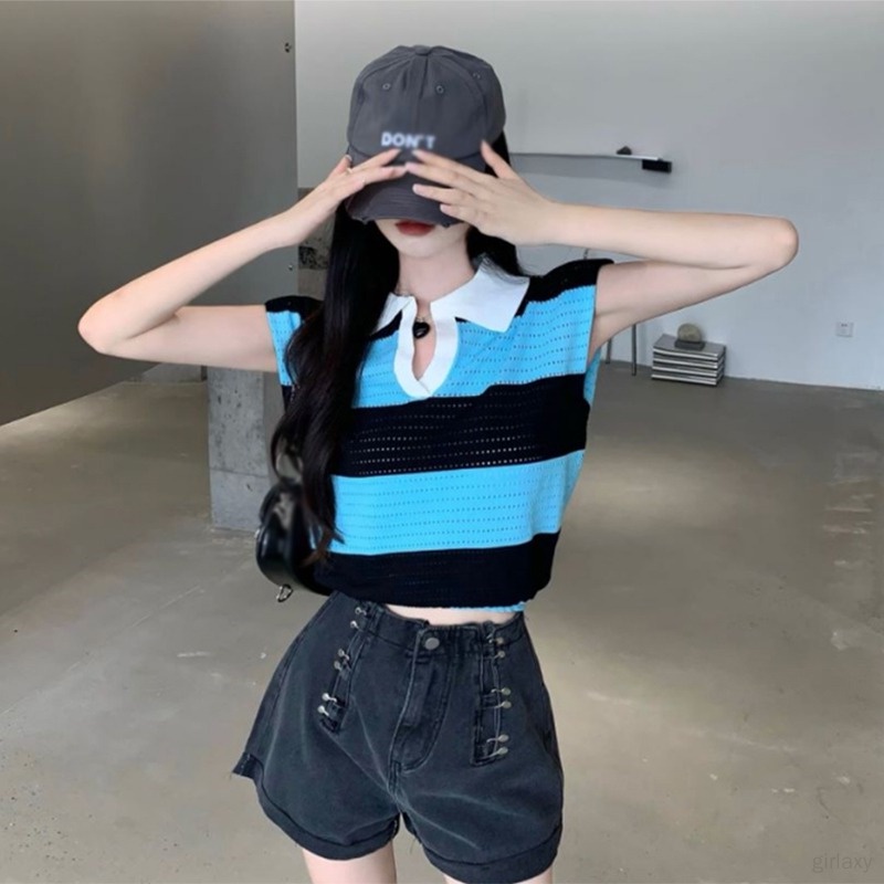 Áo Thun Dệt Kim Sát Nách Dáng Rộng Kẻ Sọc Thời Trang Mùa Hè Hàn Quốc Cho Nữ