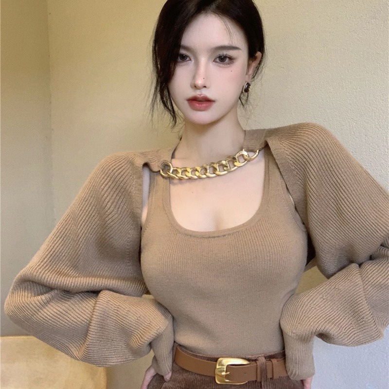 (HÀNG CÓ SẴN) Set áo 2 dây+ áo khoác cardigan dài tay croptop đính chuỗi xích