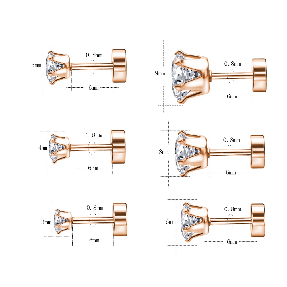 Bộ 6 cặp khuyên tai bằng thép không gỉ 316L mạ vàng hồng đính đá zircon kích thước 3-8mm