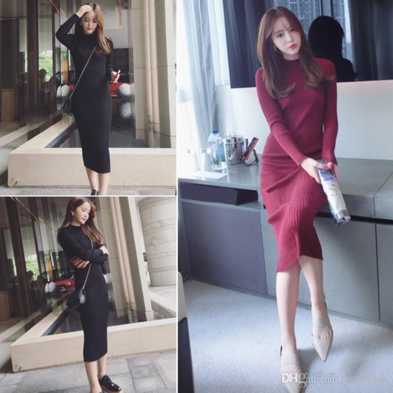 Đầm midi FOREVER21 thun cotton gân tăm tay dài ôm body cổ lọ gấp 3cm đen, đỏ đô