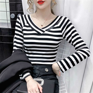 Áo thun tay dài cổ chữ V kẻ sọc thời trang nữ mùa thu