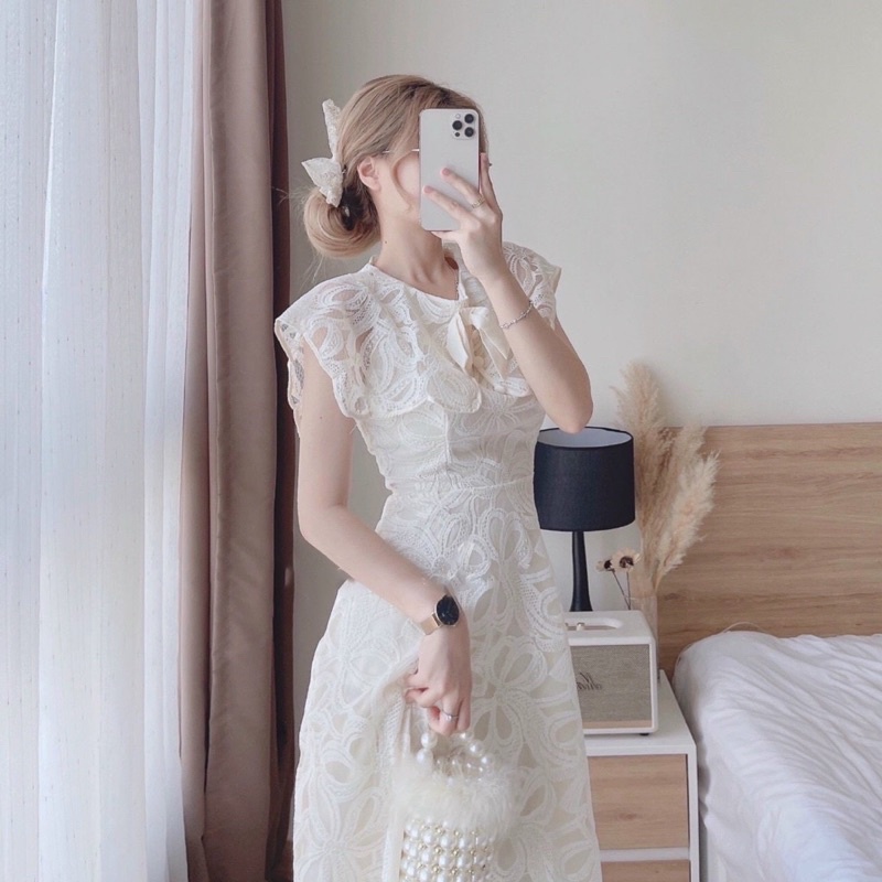 Đầm dự tiệc tiểu thư ren thêu nổi cao cấp Mizin