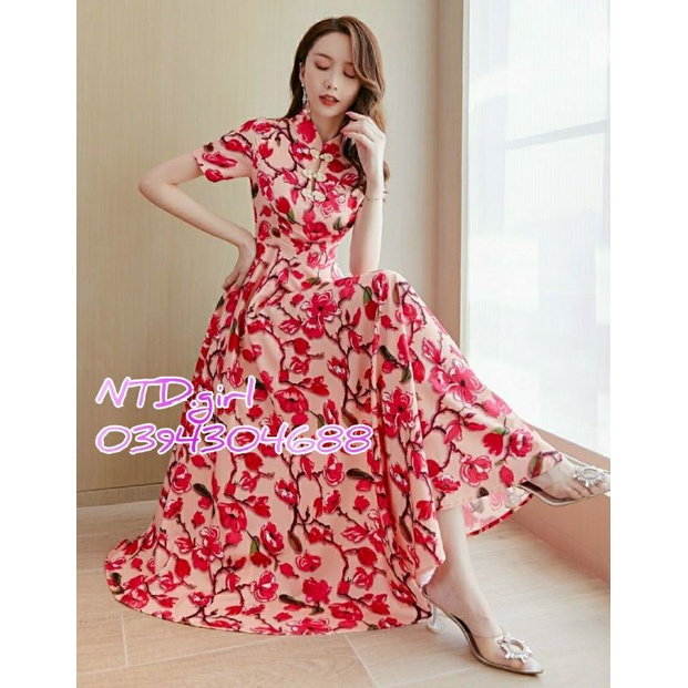 Hàng nhập - Đầm maxi dáng xòe voan lụa cổ tàu, váy dự tiệc tay ngắn nút sam hoa đỏ