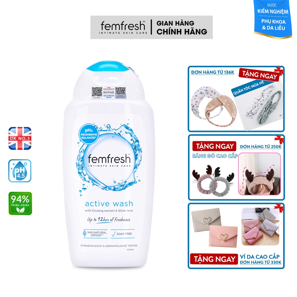 Dung Dịch Vệ Sinh Nam Nữ Cho Người Ưa Vận Động Giúp Vùng Kín Sạch, Thơm, Tươi Mới Femfresh Active Fresh Wash 250ml UK