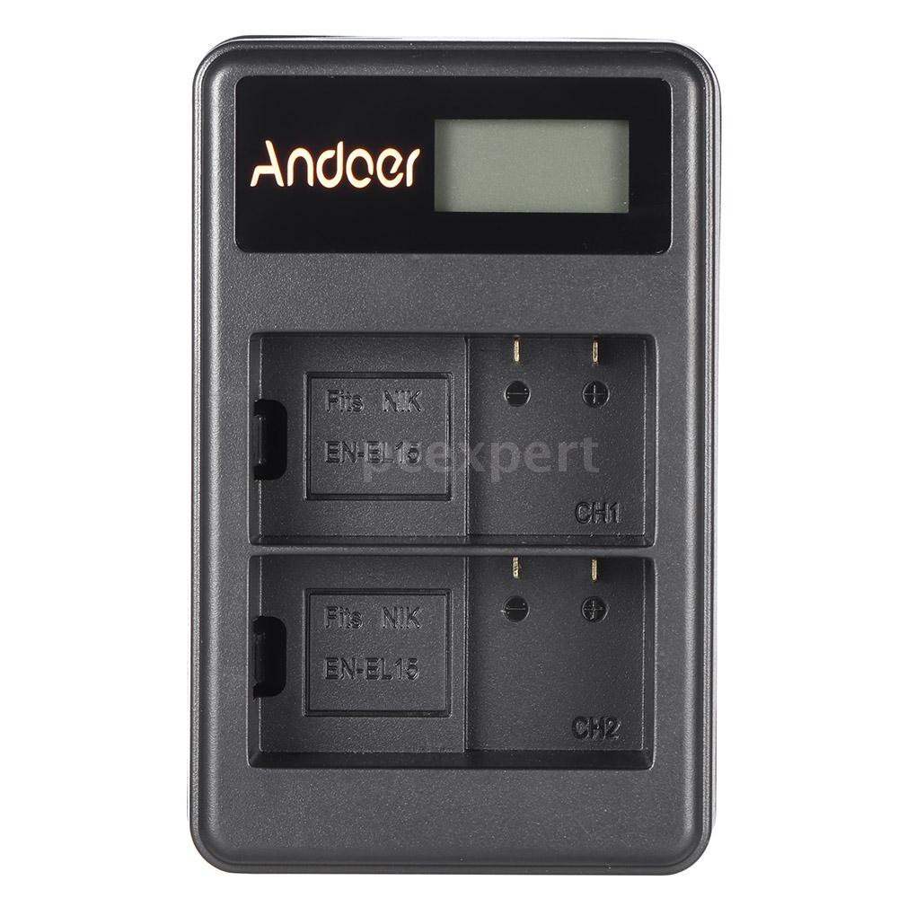 PCER◆ Andoer EN-EL15 Rechargeable LED Display Li-ion Battery Charger Pack 2-Slot USB Cable Kit for N