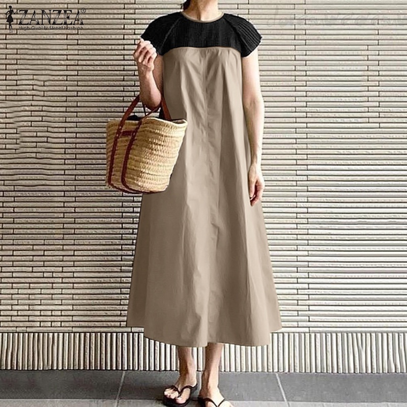 Đầm dài ZANZEA tay ngắn xếp ly màu tương phản phong cách Hàn Quốc thời trang cho nữ