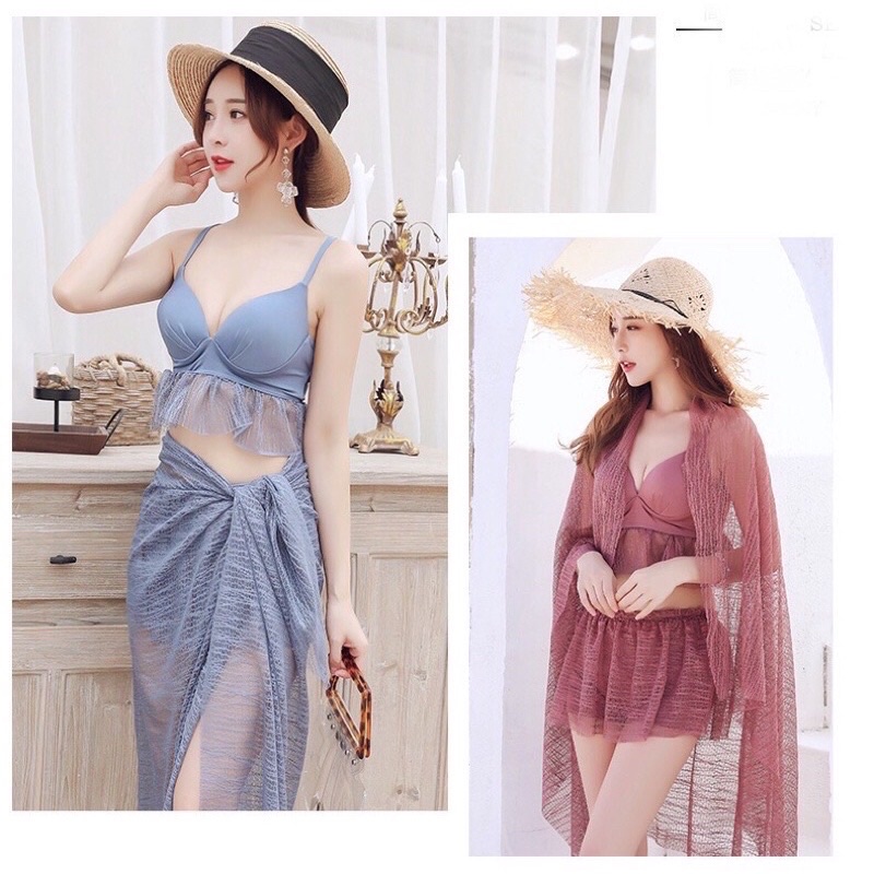Set bikini đi biển 2 mảnh 3 món có quây choàng sexy đẹp bộ đồ tắm đồ bơi che bụng kín đáo B24