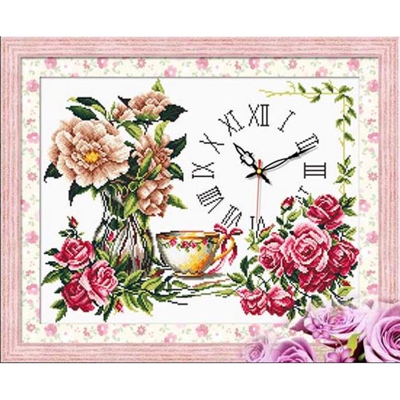 Tranh Thêu Chữ Thập Đồng Hồ Bình Hoa Cát Tường RY8606 (KHÁCH TỰ THÊU) KT:59X47CM