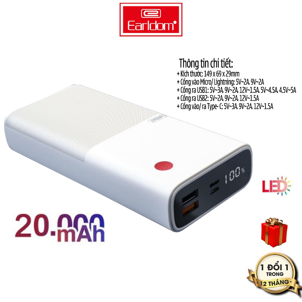 Sạc dự phòng 20000mAh Earldom PD-05 với 2 cổng ra USB hỗ trợ sạc nhanh 22W