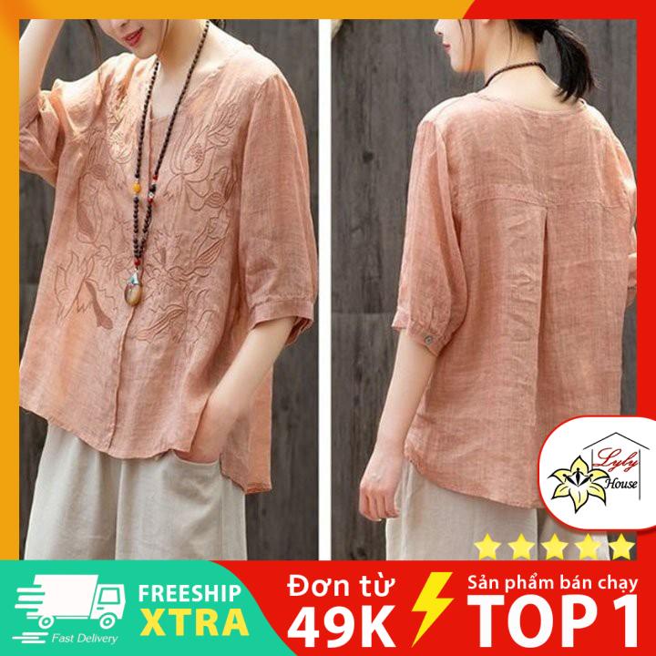 Áo kiểu nữ đẹp chất cotton có thêu dành cho người mập bụng