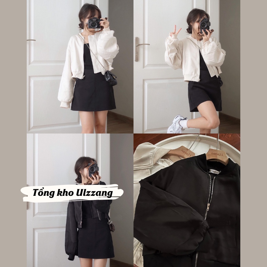 Áo bomber kaki dáng ngắn tay dài áo khoác croptop phong cách thể thao