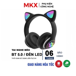 Tai nghe mèo bluetooth phát sáng STN28 - Tai nghe chụp tai mèo có mic kiểu dáng cute có khe cắm thẻ nhớ, Jack 3.5mm